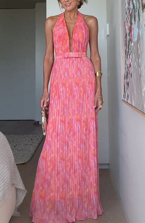 Damen Plissiertes Maxikleid mit tiefem Ausschnitt und elegantem Gürtel