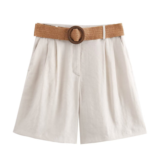 Damen elegante Shorts mit breitem, geflochtenem Gürtel