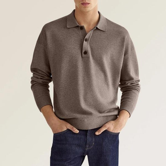 Herren Feinstrick-Polo-Sweater mit langen Ärmeln, gerippten Bündchen und subtiler Knopfleiste EB