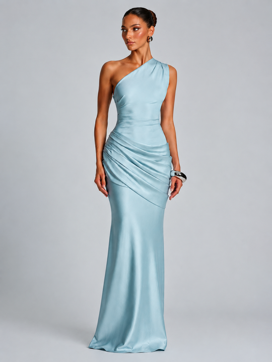 Damen elegantes asymmetrisches Satin-Abendkleid mit Drapé-Design ShopNory