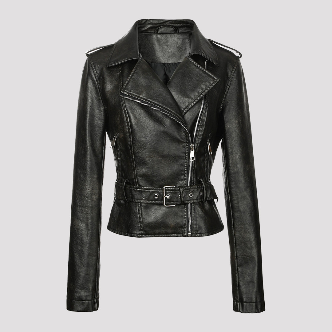 Damen Kurzjacke im Bikerstil aus weichem Kunstleder mit asymmetrischem Reißverschluss und Taillengürtel Shop Nory