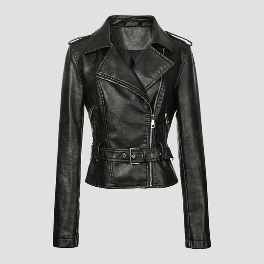 Damen Kurzjacke im Bikerstil aus weichem Kunstleder mit asymmetrischem Reißverschluss und Taillengürtel Shop Nory