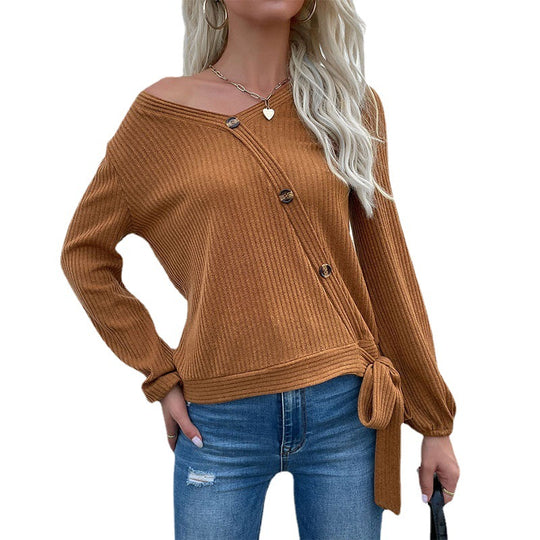 Damen Gerippte Wickel-Strickjacke mit V-Ausschnitt und seitlichem Knotendetail Shop Nory