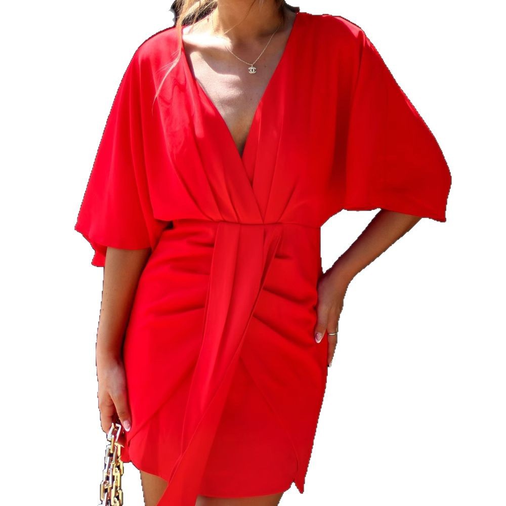 Damen Wickelkleid mit V-Ausschnitt und voluminösen Ärmeln