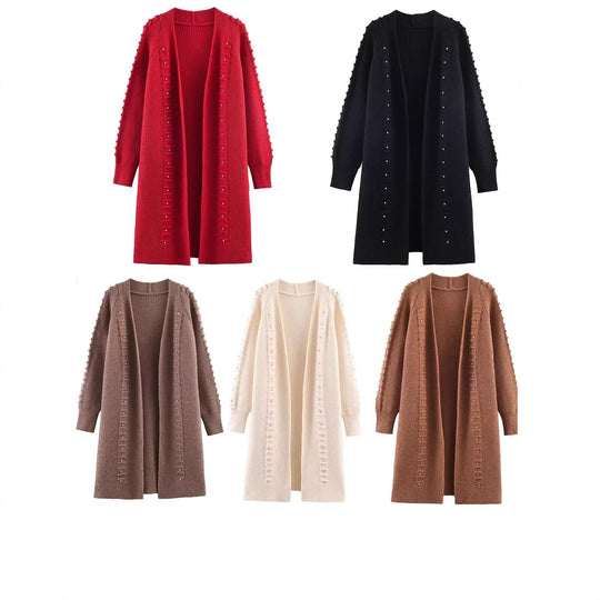 Damen Longline Strickcardigan mit Perlen- und Rüschendetail offene Front Shop Nory