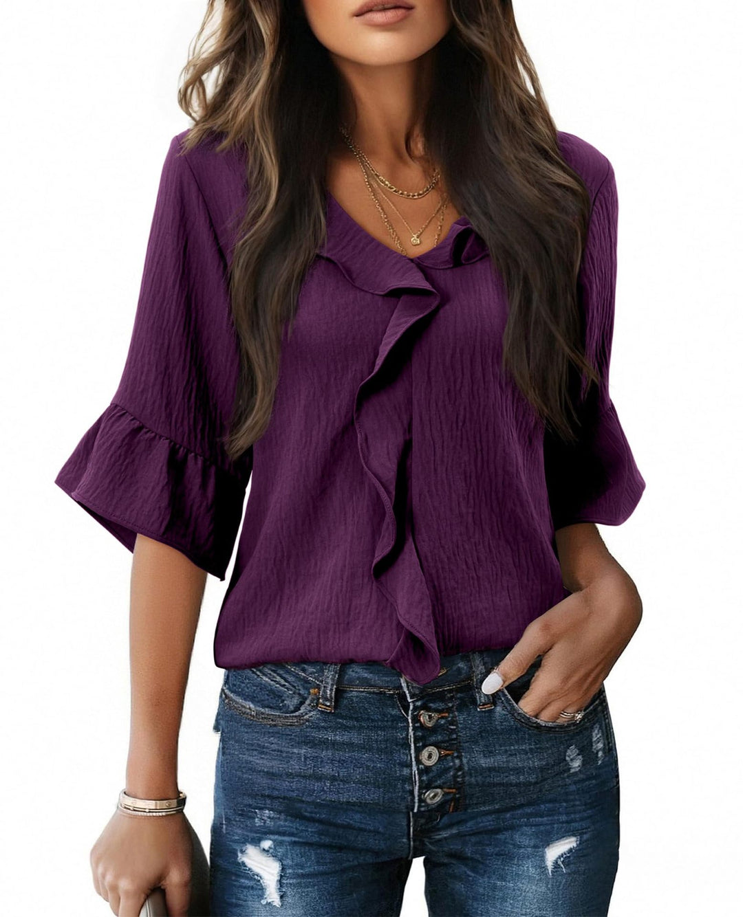 Damen Rüschenbluse mit V-Ausschnitt und Glockenärmeln Shop Nory