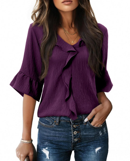 Damen Rüschenbluse mit V-Ausschnitt und Glockenärmeln Shop Nory