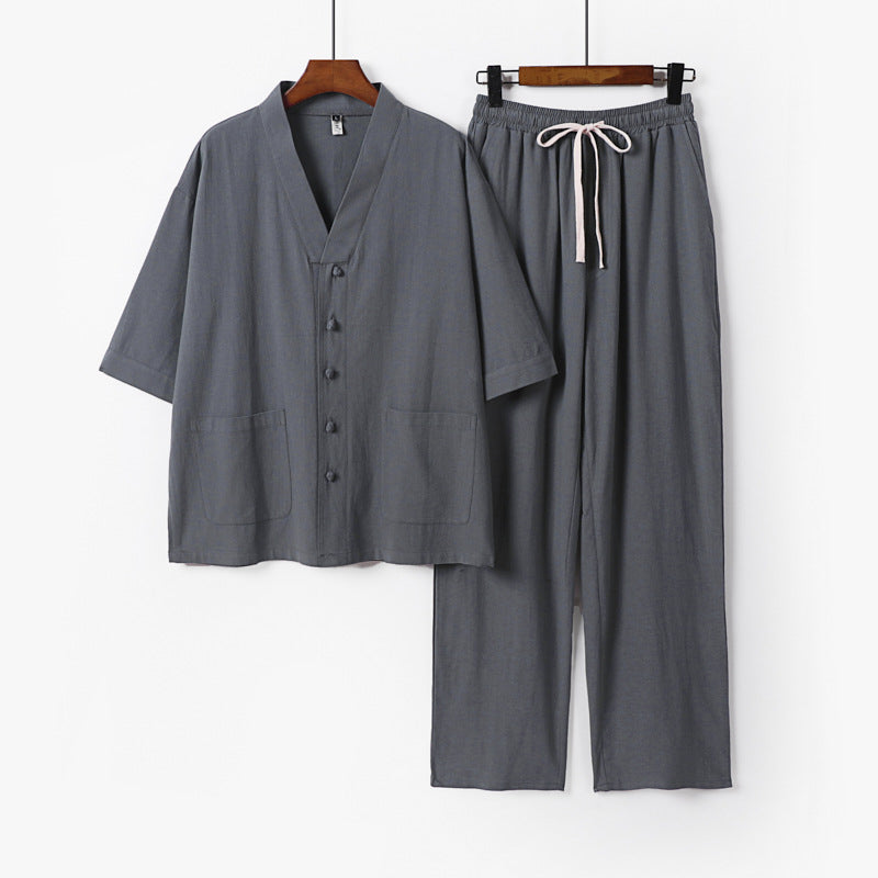 Herren Kimono-Zweiteiler aus Leinenmischung mit V-Ausschnitt, aufgesetzten Taschen und Kordelbundhose Shop Nory