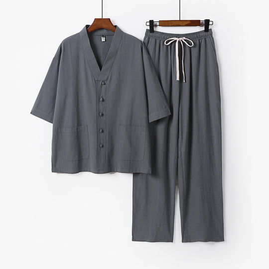 Herren Kimono-Zweiteiler aus Leinenmischung mit V-Ausschnitt, aufgesetzten Taschen und Kordelbundhose Shop Nory