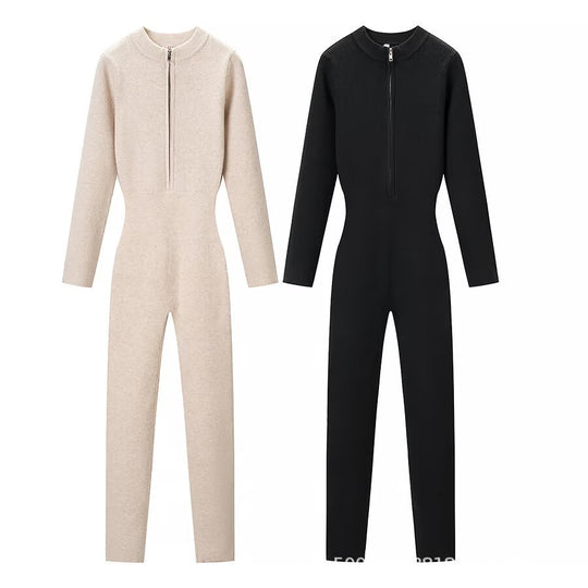 Damen Figurbetonter Strick-Overall mit Stehkragen und Frontreißverschluss Shop Nory