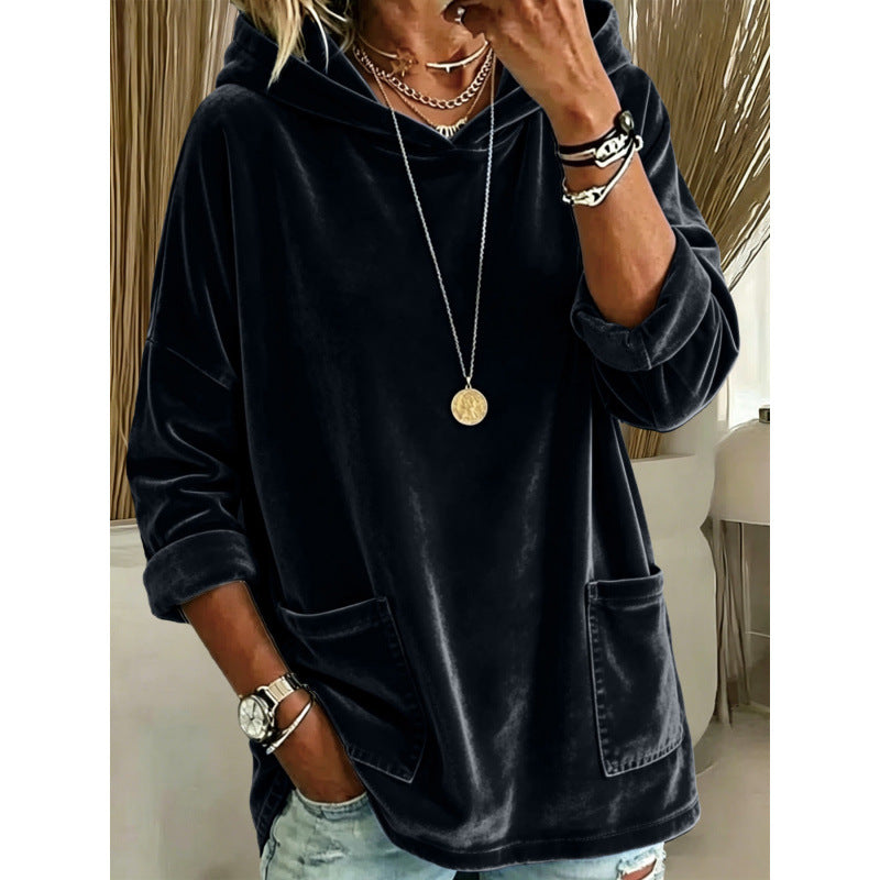 Damen Samt-Hoodie mit Kapuze, Oversize-Schnitt und aufgesetzten Taschen Shop Nory