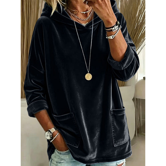 Damen Samt-Hoodie mit Kapuze, Oversize-Schnitt und aufgesetzten Taschen Shop Nory