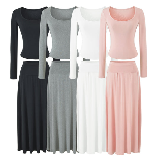Damen Zweiteiliges Lounge-Set aus Stretch-Modal mit figurbetontem Langarm-Top und Maxirock Shop Nory