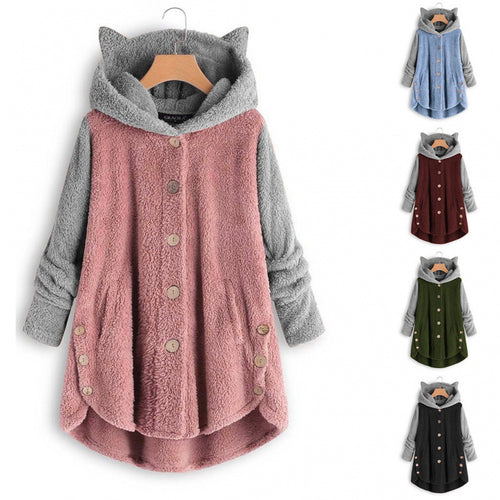 Damen Kuschelige Kapuzen‑Teddyjacke mit Katzenohren, Holzknopf‑Details und High‑Low‑Saum Shop Nory