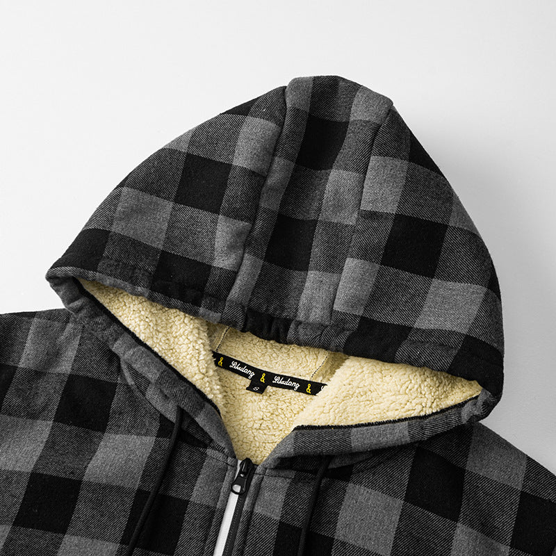 Herren Kariierte Sherpa-gefütterte Kapuzenjacke mit Reißverschluss und Rippbündchen Shop Nory
