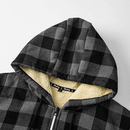Herren Kariierte Sherpa-gefütterte Kapuzenjacke mit Reißverschluss und Rippbündchen Shop Nory