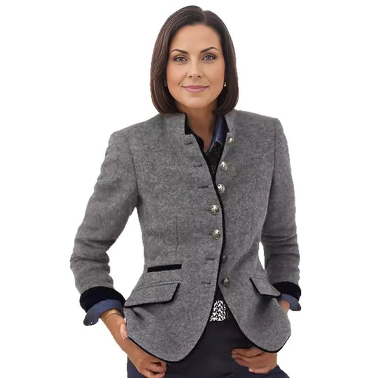 Damen Taillierter Walkblazer mit Stehkragen, Samtbesatz und Zierknöpfen Shop Nory