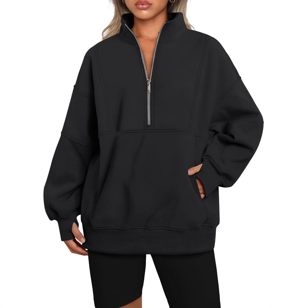 Damen Oversize-Sweatshirt mit halbem Reißverschluss, Stehkragen und Kängurutasche Shop Nory