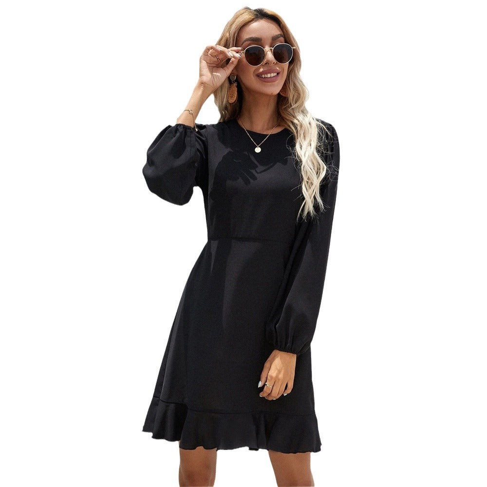 Damen elegantes Langarm-Minikleid mit Puffärmeln taillierter Empire-Passform und Volant-Saum Shop Nory