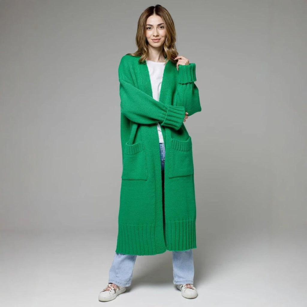 Damen bequemer langer Strickcardigan mit Taschen und breiten Ärmeln