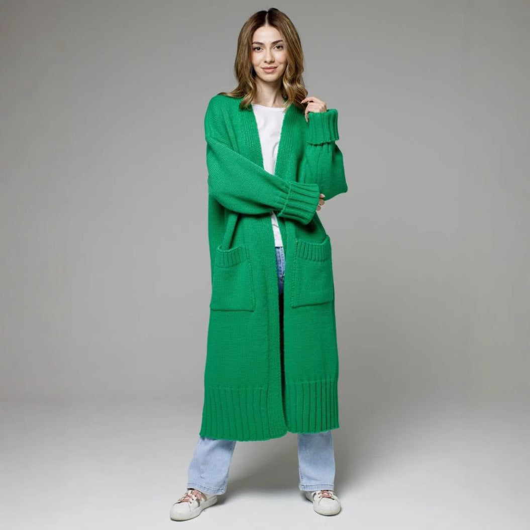 Damen bequemer langer Strickcardigan mit Taschen und breiten Ärmeln