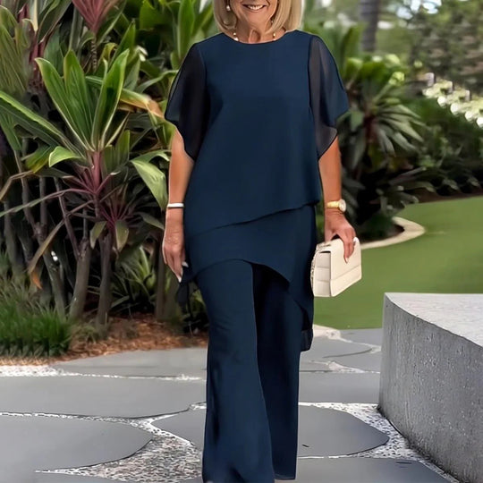Damen elegantes Ensemble aus fließendem Oberteil und weitem Hose