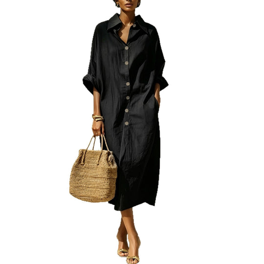 Damen Langes Oversize-Hemdblusenkleid mit Kentkragen und durchgehender Knopfleiste Shop Nory