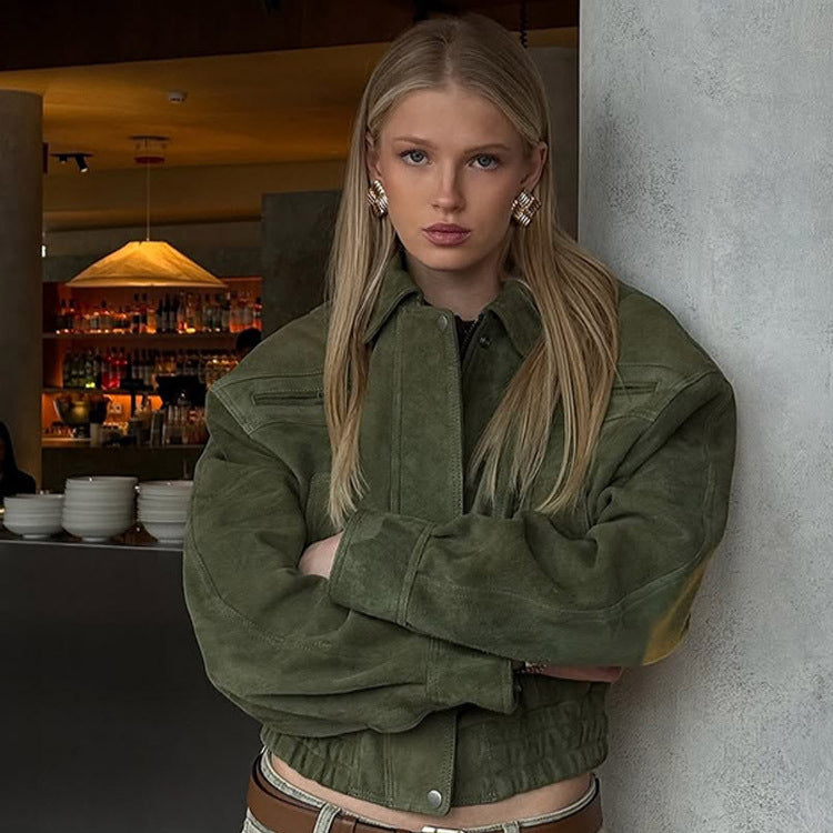 Damen Kurzer Veloursleder-Bomber mit elastischer Taillierung und überschnittener Schulter Shop Nory