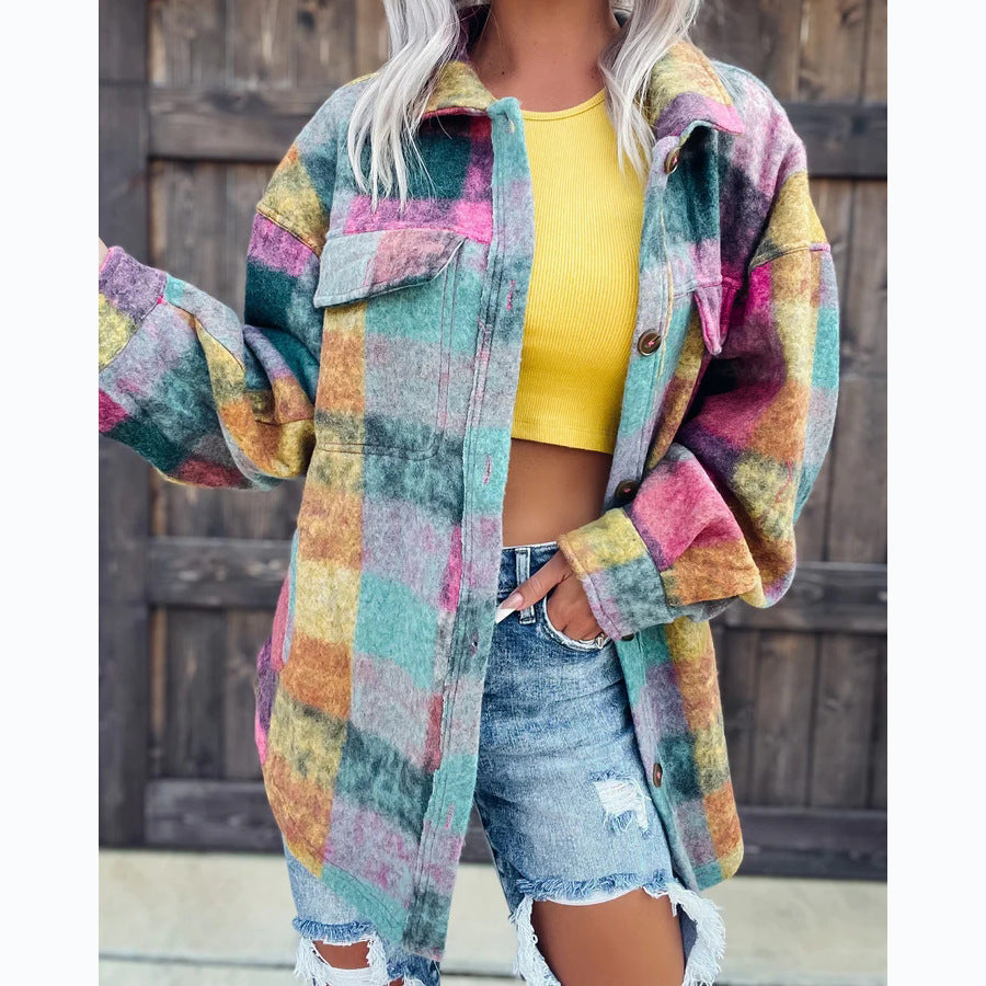 Damen Karo Oversize-Hemdjacke aus weichem Wollmaterial mit praktischen Taschen Shopnory