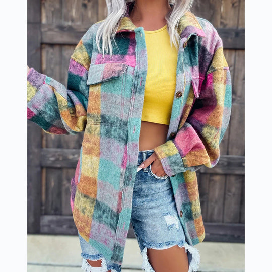 Damen Karo Oversize-Hemdjacke aus weichem Wollmaterial mit praktischen Taschen Shopnory