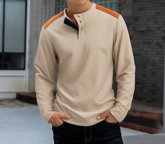 Herren strukturiertes Henley-Langarmshirt mit Stehkragen, Schulterpaspel und Waffelstruktur Shop Nory