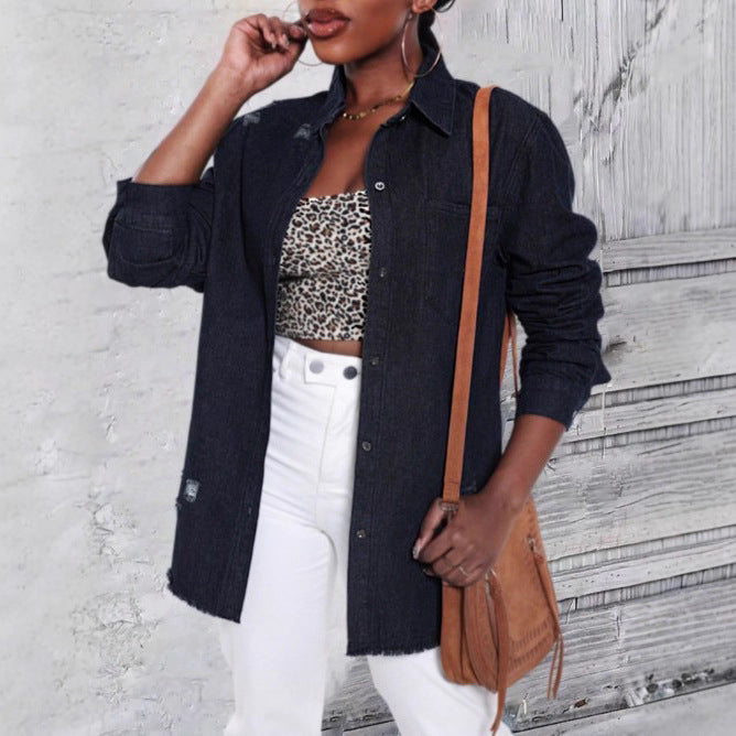 Damen Oversize-Denim-Hemdjacke mit Used-Effekten und rohem Saum Shop Nory