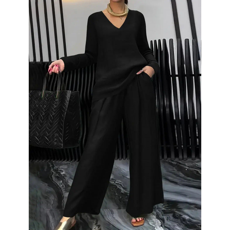 Damen Feiner V-Ausschnitt Strickpullover mit fließender Palazzo-Hose Shop Nory