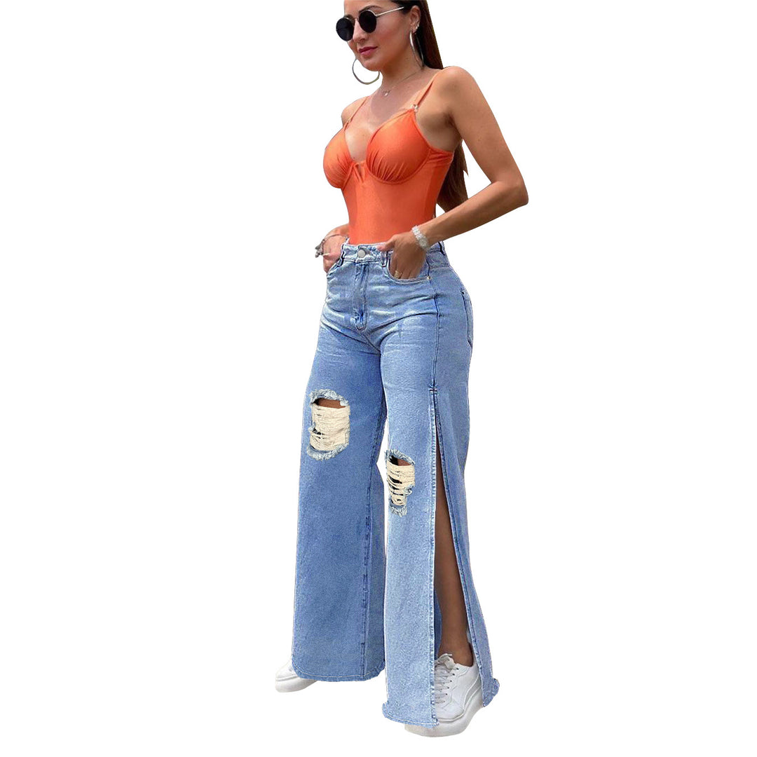 Damen Hochtaillierte Wide-Leg-Jeanshose mit Knie-Rissen und seitlichen Schlitzen Shop Nory