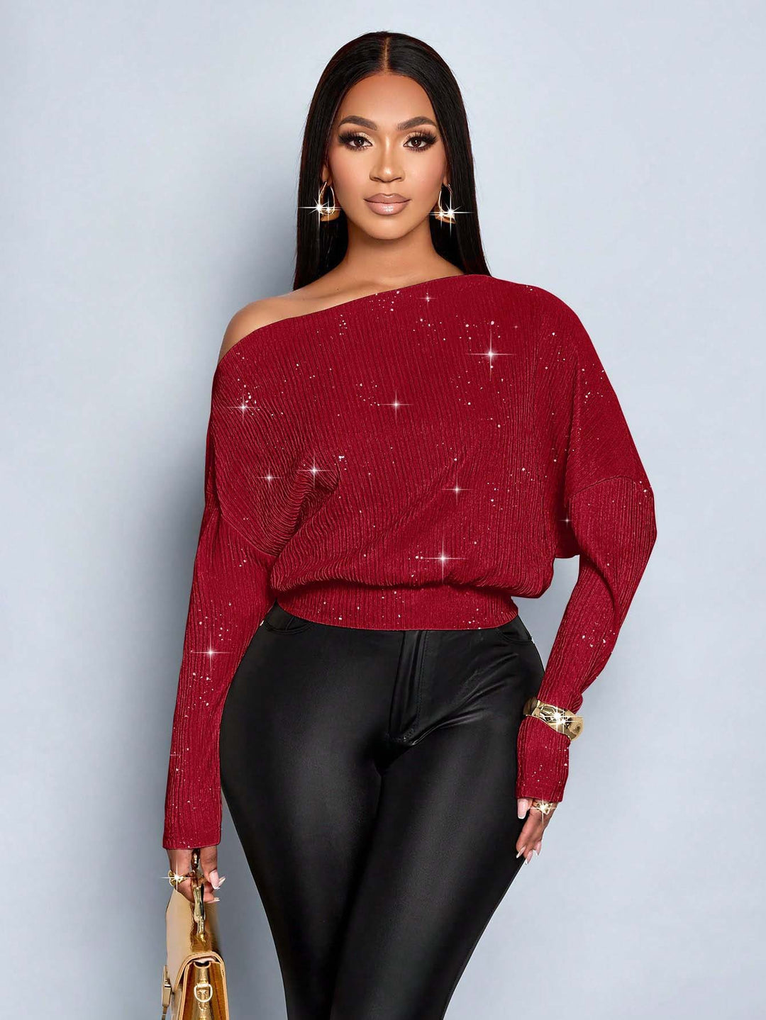 Damen Off-Shoulder Rippstrick-Pullover mit Glitzereffekt und Batwing-Ärmeln Shop Nory