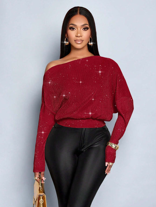 Damen Off-Shoulder Rippstrick-Pullover mit Glitzereffekt und Batwing-Ärmeln Shop Nory