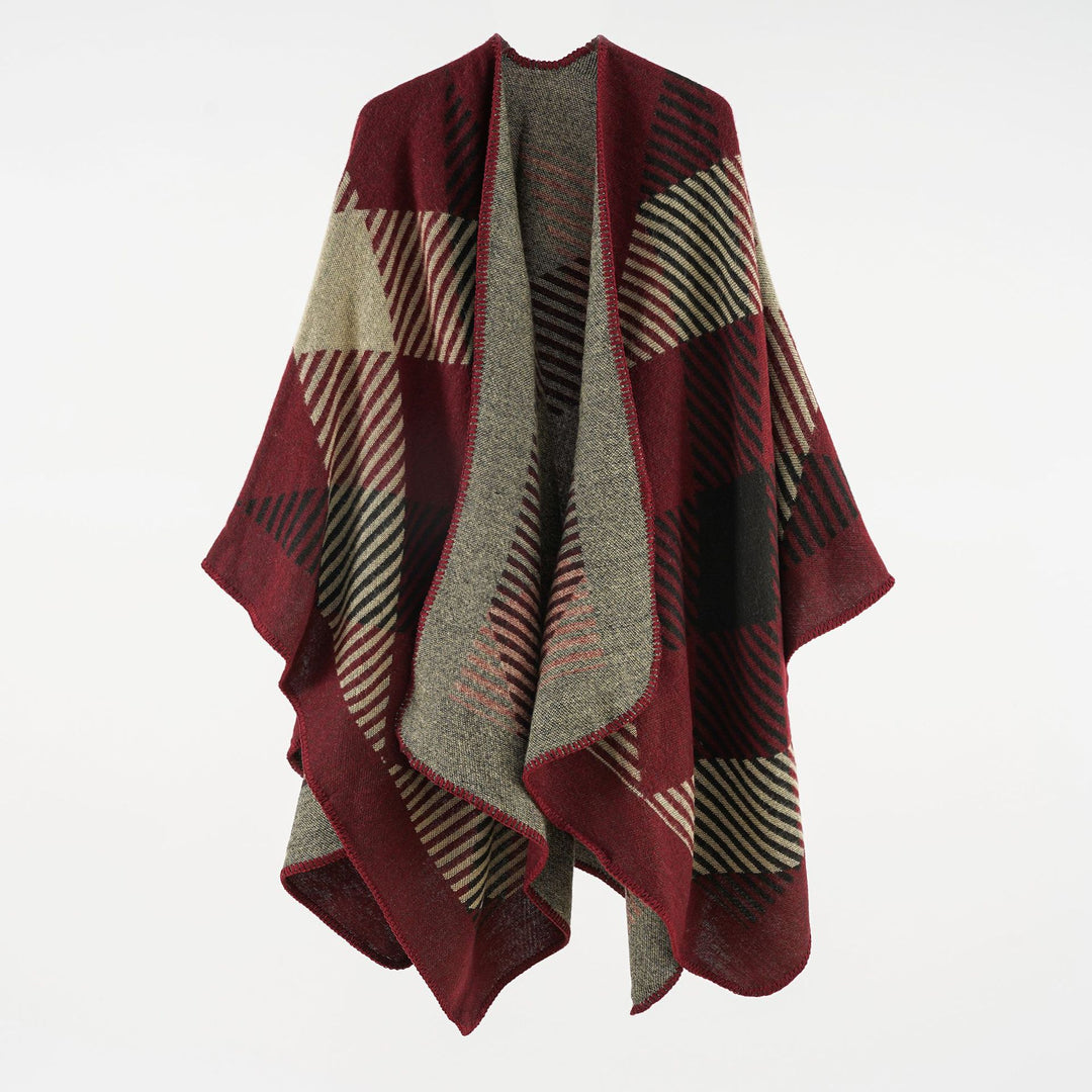 Damen Umhangponcho aus Wollmix mit geometrischem Streifen-Jacquard und offener Kantennaht Shop Nory