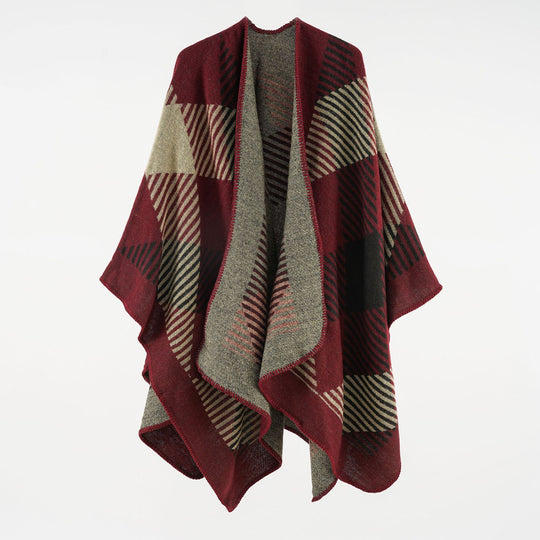 Damen Umhangponcho aus Wollmix mit geometrischem Streifen-Jacquard und offener Kantennaht Shop Nory