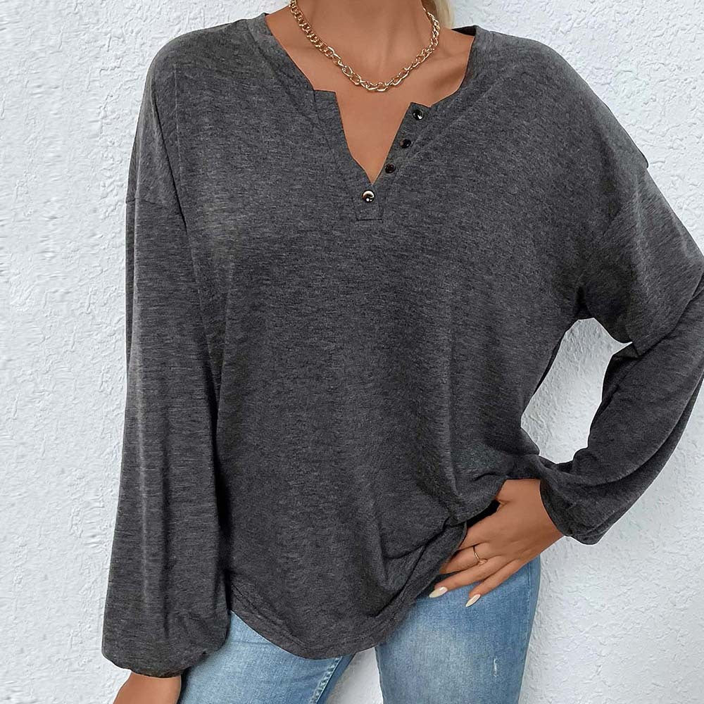 Damen lässiges Oversize-Henley-Longsleeve mit V-Knopfleiste und Ballonärmeln Shop Nory
