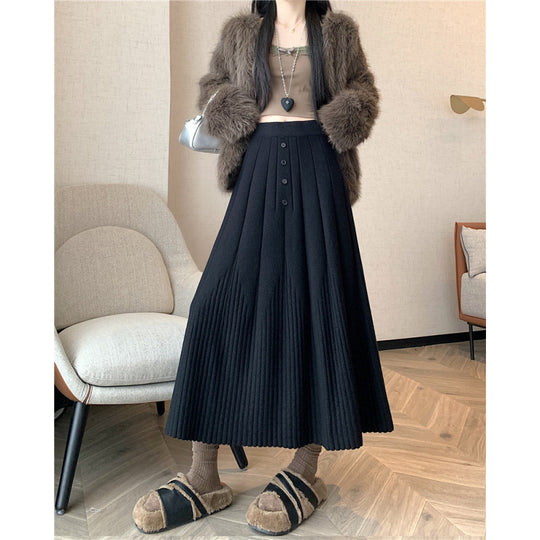 Damen Eleganter Maxirock mit feinem Faltenwurf und Knopfdetails Shop Nory