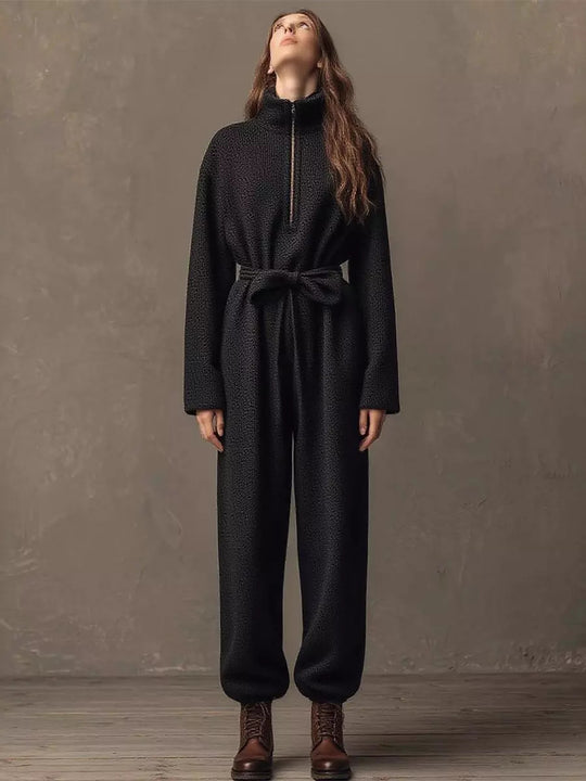 Damen Bouclé-Einteiler mit halbem Reißverschluss, Taillengürtel und weitem Bein Shop Nory