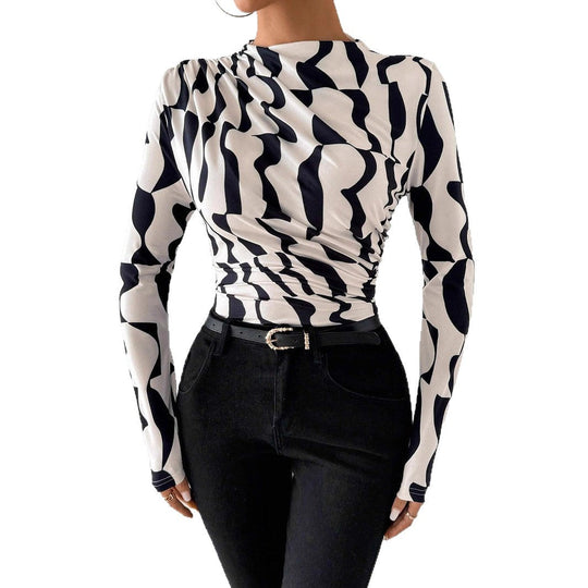 Damen nan tailliertes Langarmshirt mit seitlicher Raffung und Wasserfallausschnitt