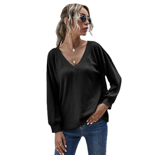 Damen Waffelstrick-Longsleeve mit V-Ausschnitt und überschnittener Schulter Shop Nory