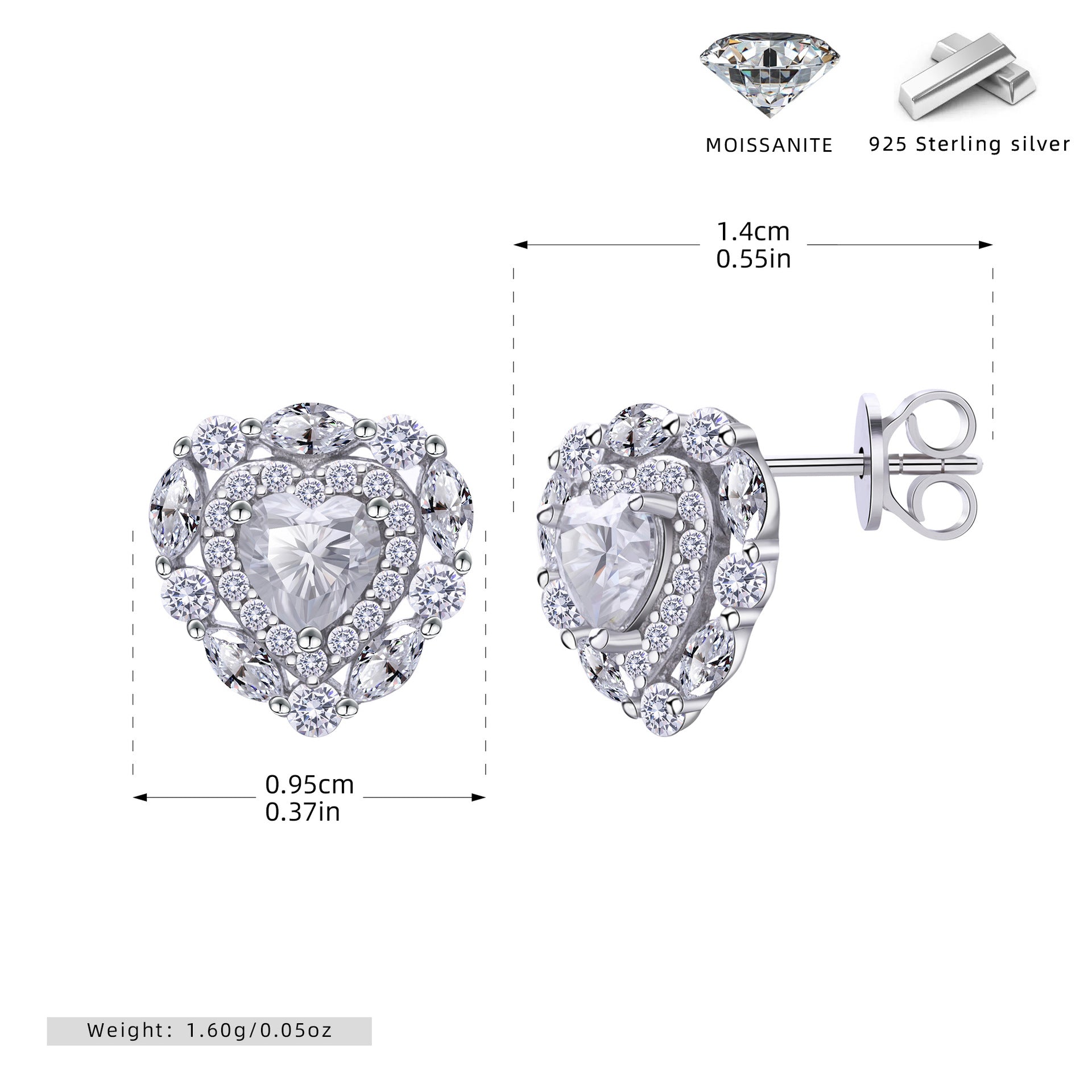 Damen Ohrstecker mit herzförmigem Moissanit-Design und funkelnden Zirkonia Shop Nory