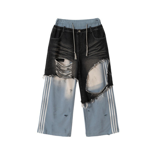 Unisex Patchwork-Jeans-Hybridhose im Oversized-Cut mit elastischem Bund, Destroy-Effekten und weitem Bein Shop Nory