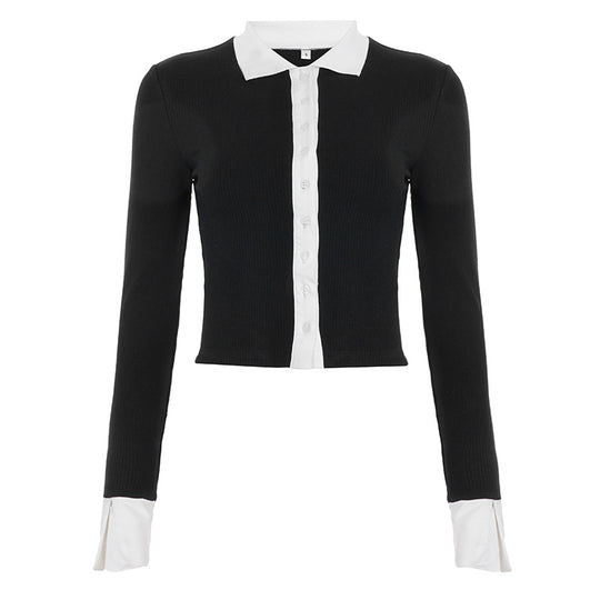 Damen nan taillierter Ripp-Kurzcardigan mit Kontrastkragen und verlängerten Manschetten Shop Nory
