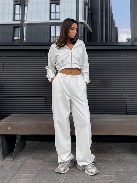 Damen kurzes Zip-Hoodie-Lounge-Set mit taillenhoher Relax-Sweathose Shop Nory