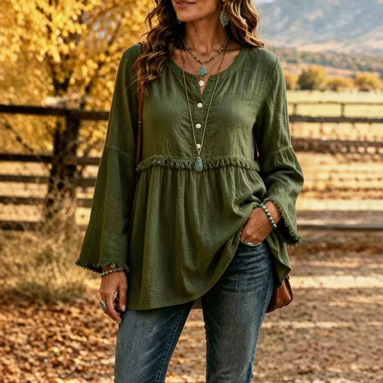 Damen Fransen-Tunika-Bluse mit V-Ausschnitt und Glockenärmeln Shop Nory