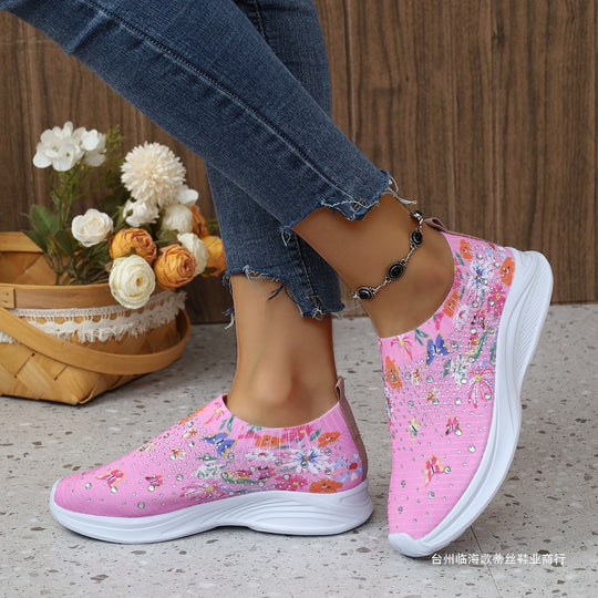 Damen Slip-On Strick-Sneaker mit elastischem Schaft, Blumenprint und Strassbesatz Shop Nory