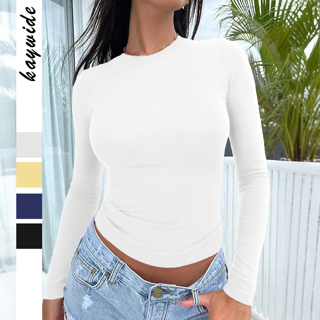 Damen nan eng anliegendes Langarm-Basictop aus Stretchjersey mit Rundhalsausschnitt und taillierter Silhouette Shop Nory